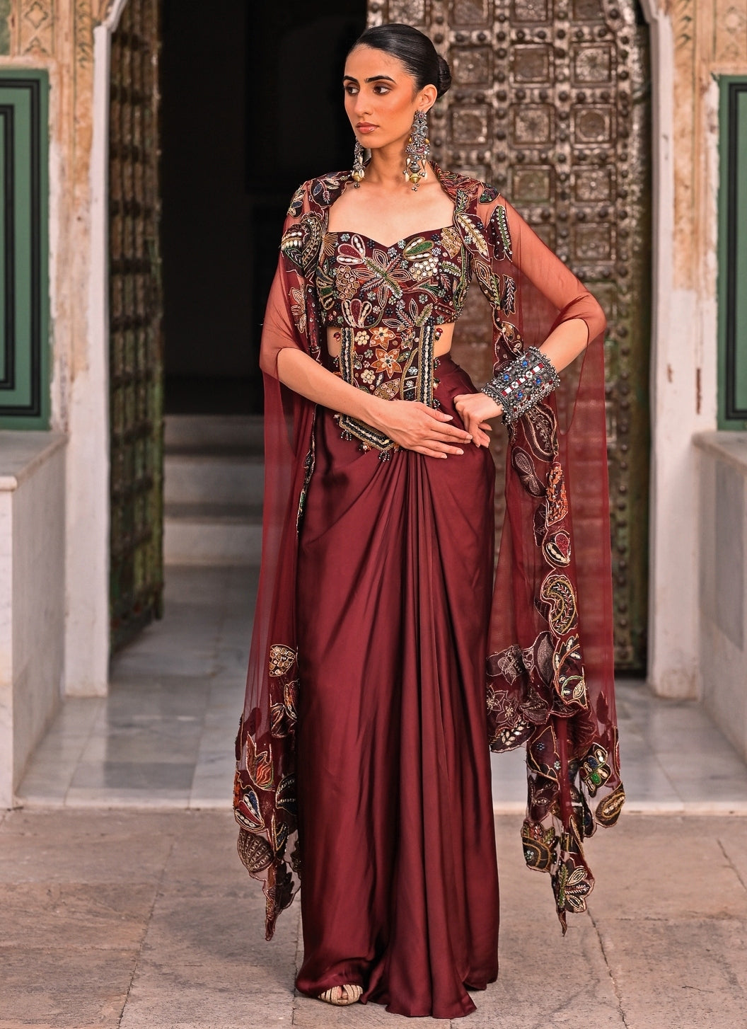 Maroon Red Satin Cowl Skirt Set With Cape