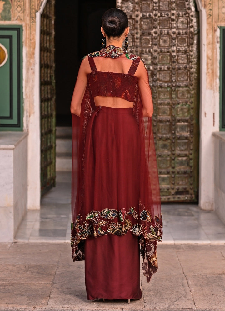 Maroon Red Satin Cowl Skirt Set With Cape