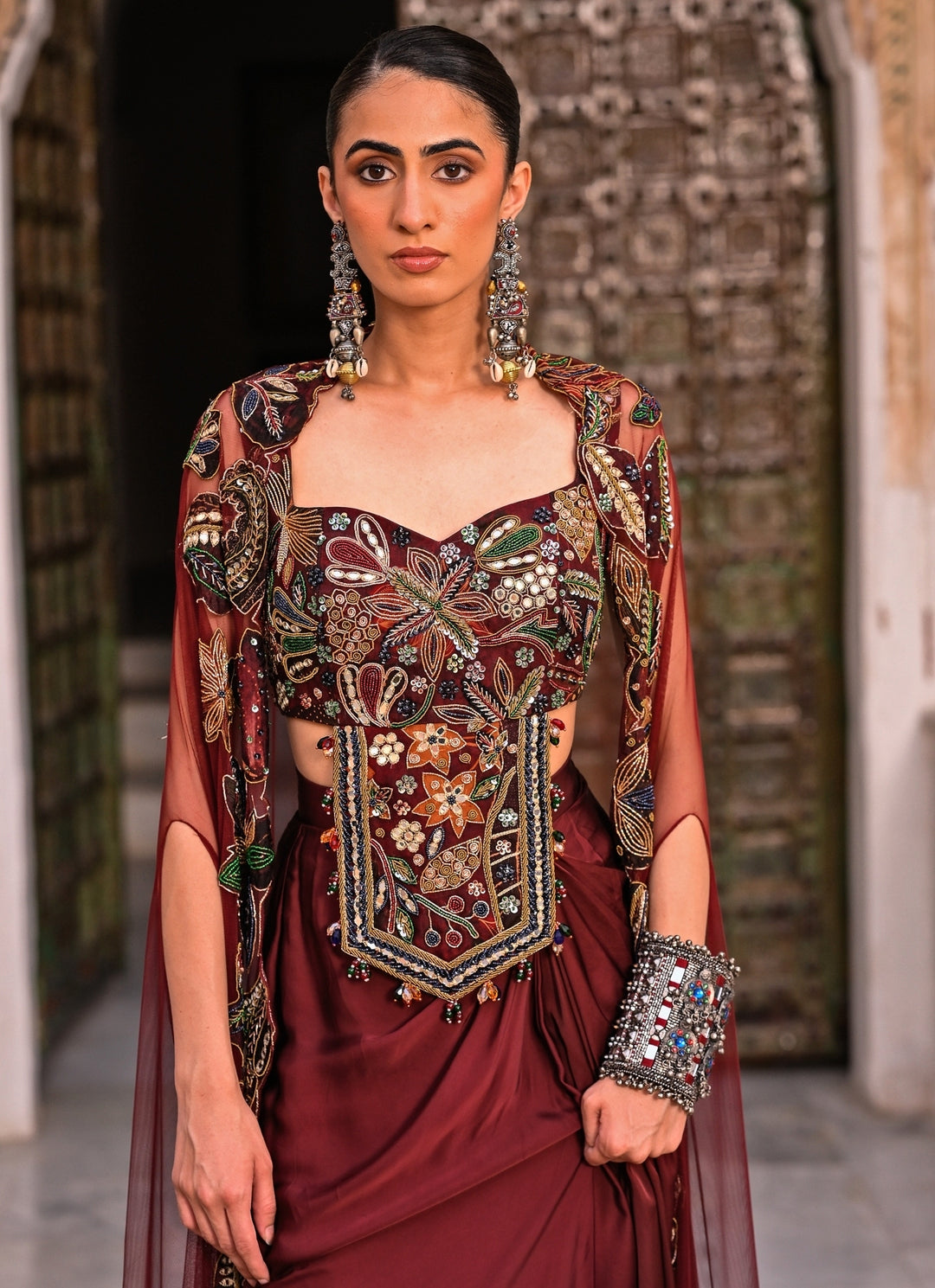 Maroon Red Satin Cowl Skirt Set With Cape