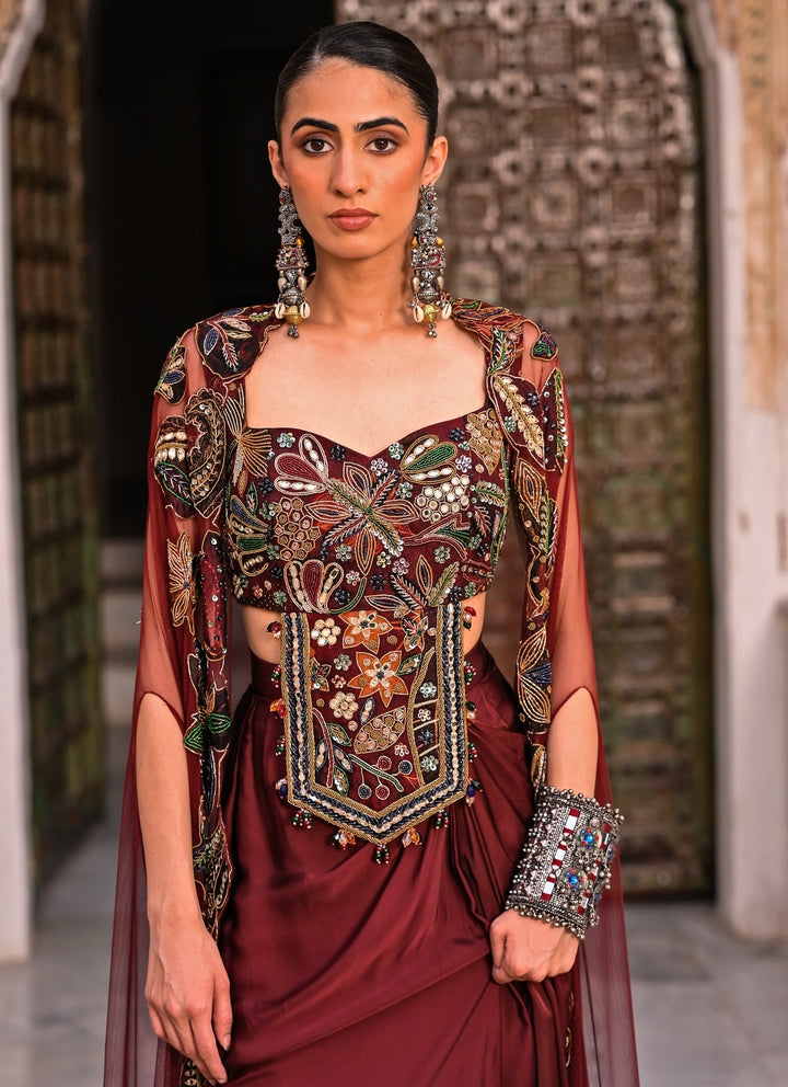 Maroon Red Satin Cowl Skirt Set With Cape
