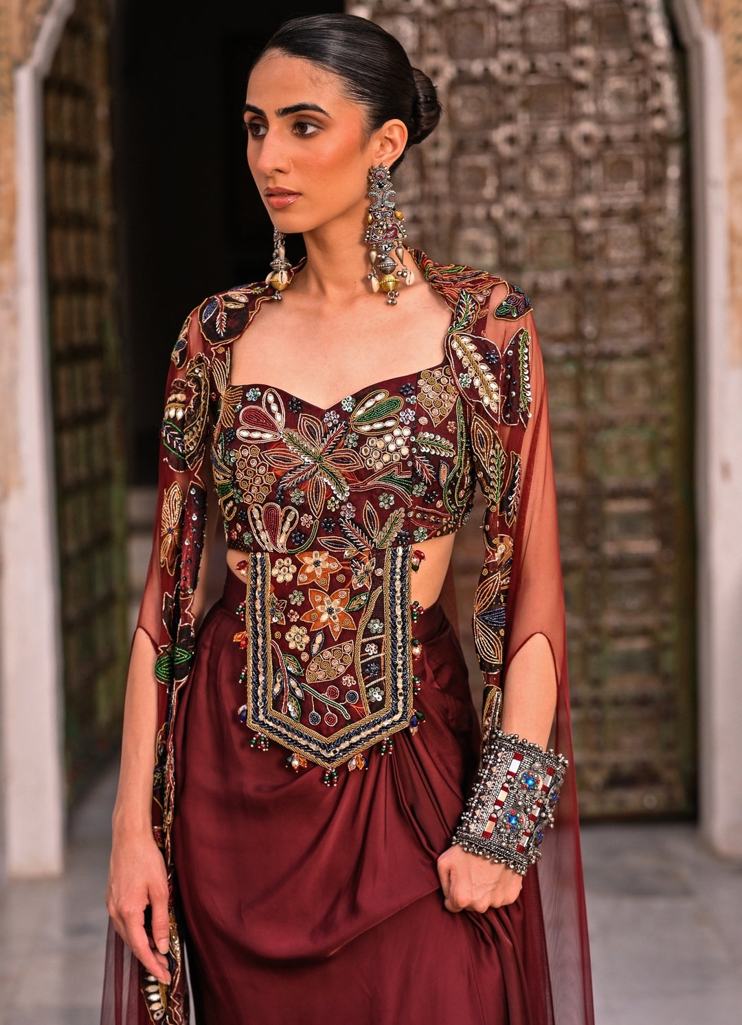 Maroon Red Satin Cowl Skirt Set With Cape