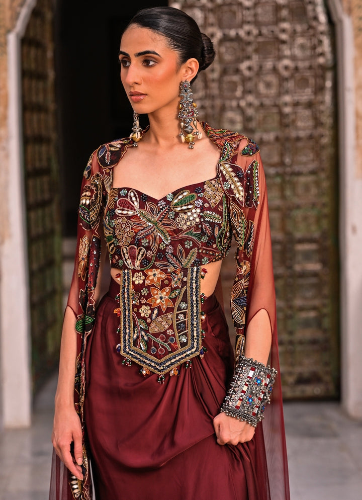 Maroon Red Satin Cowl Skirt Set With Cape