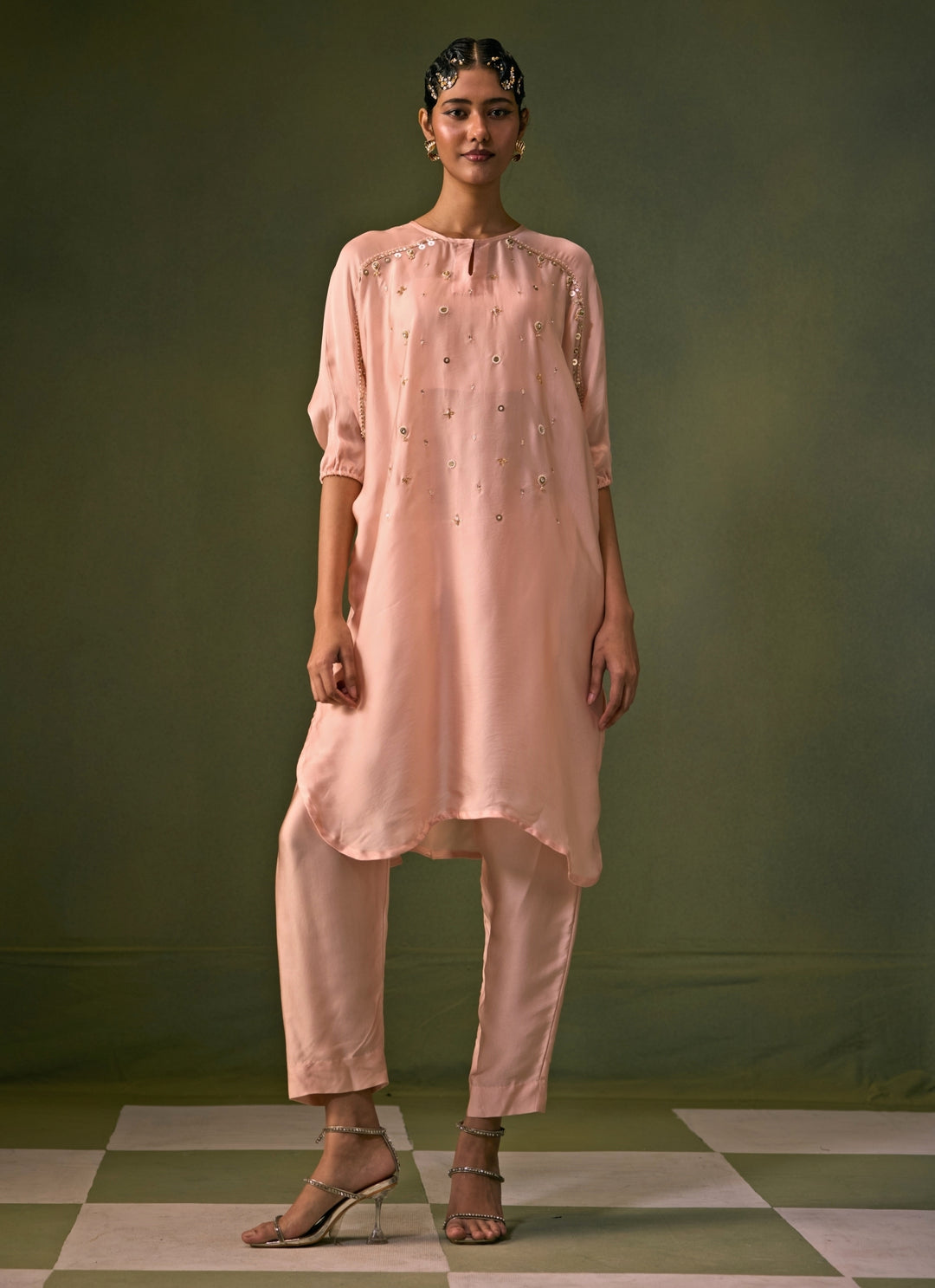 Pastel Pink Satin Kurta Pants Set