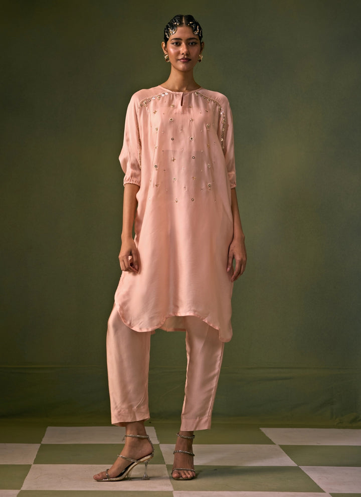 Pastel Pink Satin Kurta Pants Set