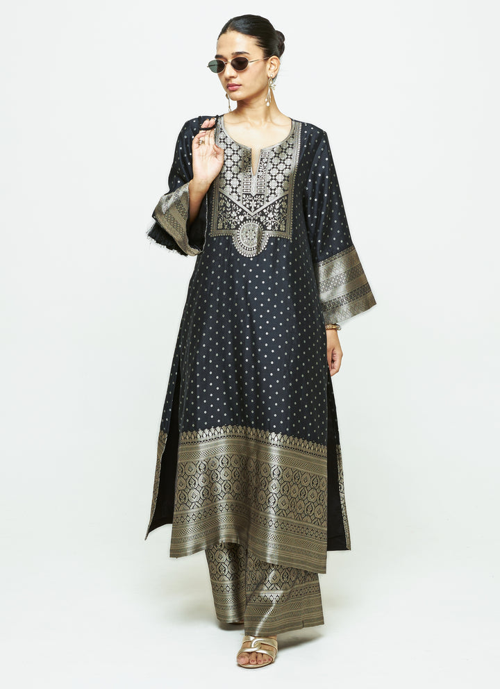 Black Brocade Silk Kurta Pants Set