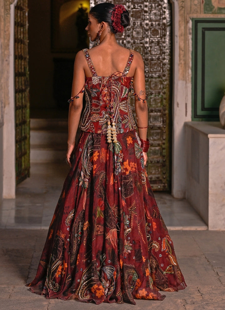 Maroon Red Embroidered Organza Lehenga Set With Corset