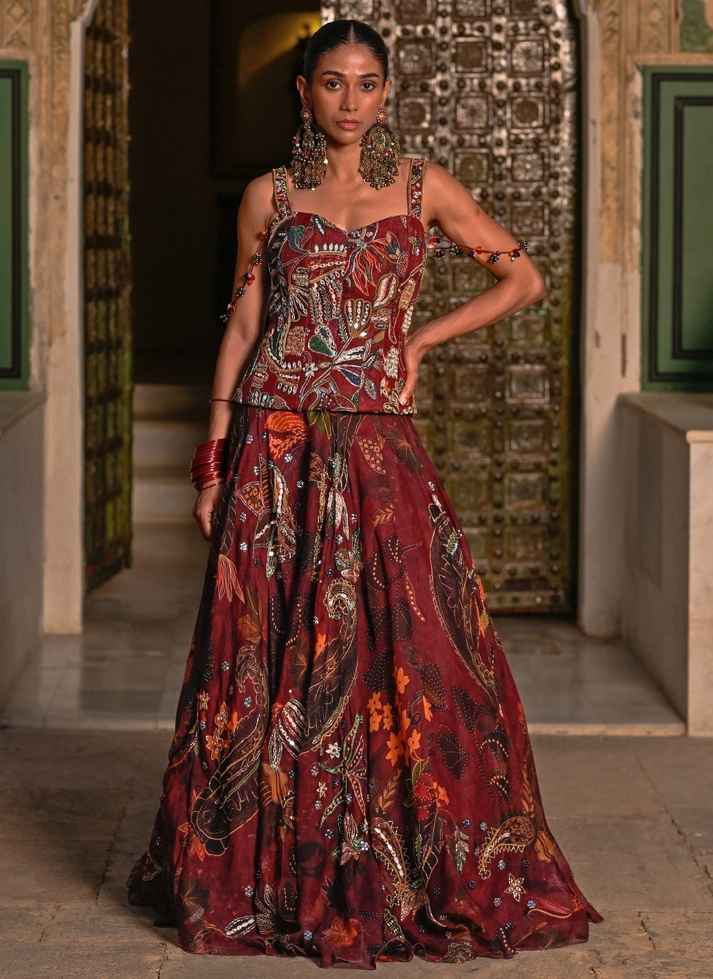 Maroon Red Embroidered Organza Lehenga Set With Corset
