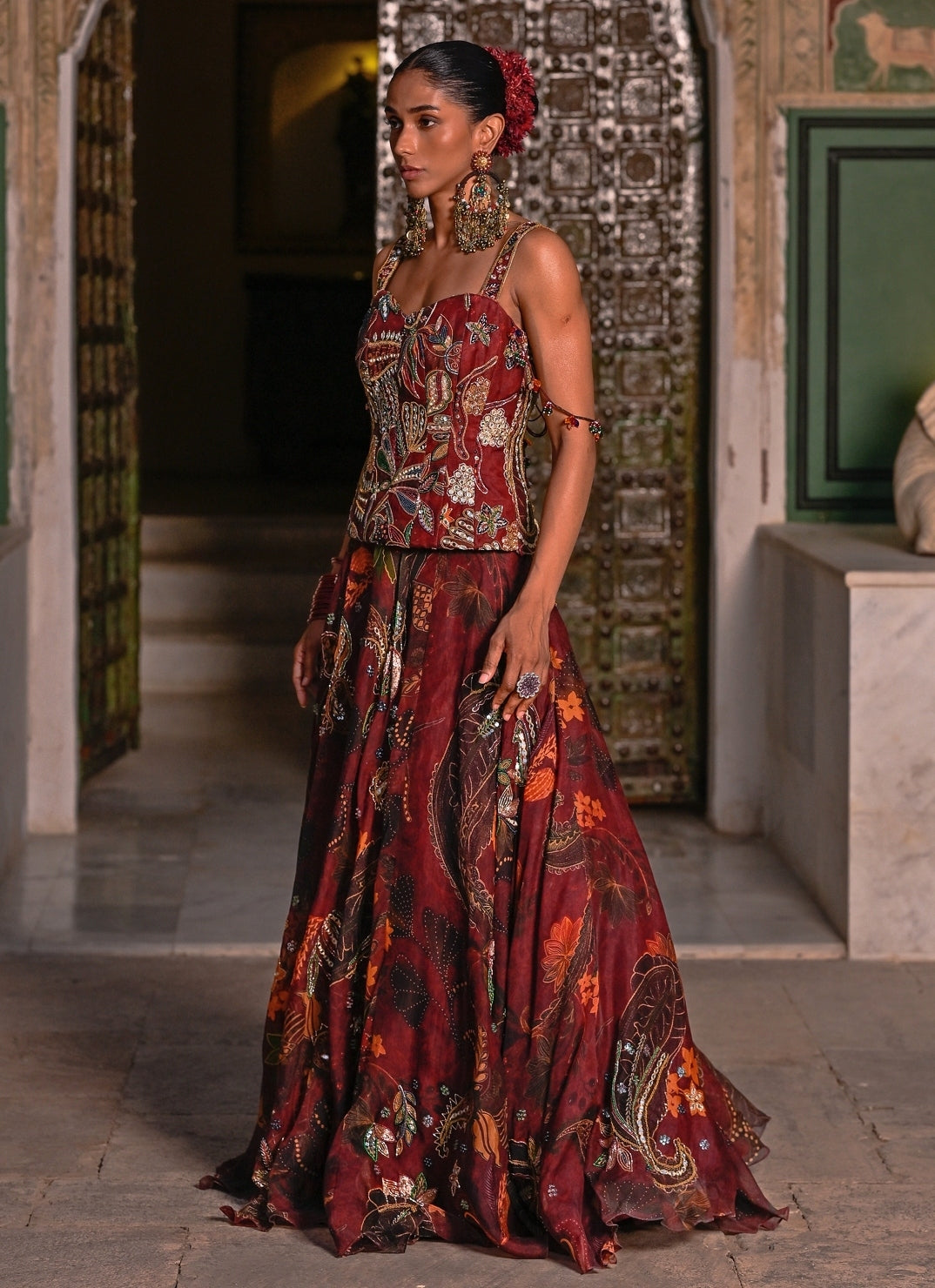 Maroon Red Embroidered Organza Lehenga Set With Corset