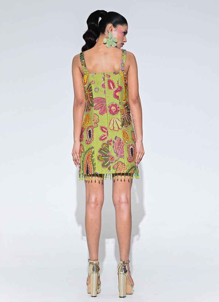 Olive Green Embroidered Organza Dress With Shrug