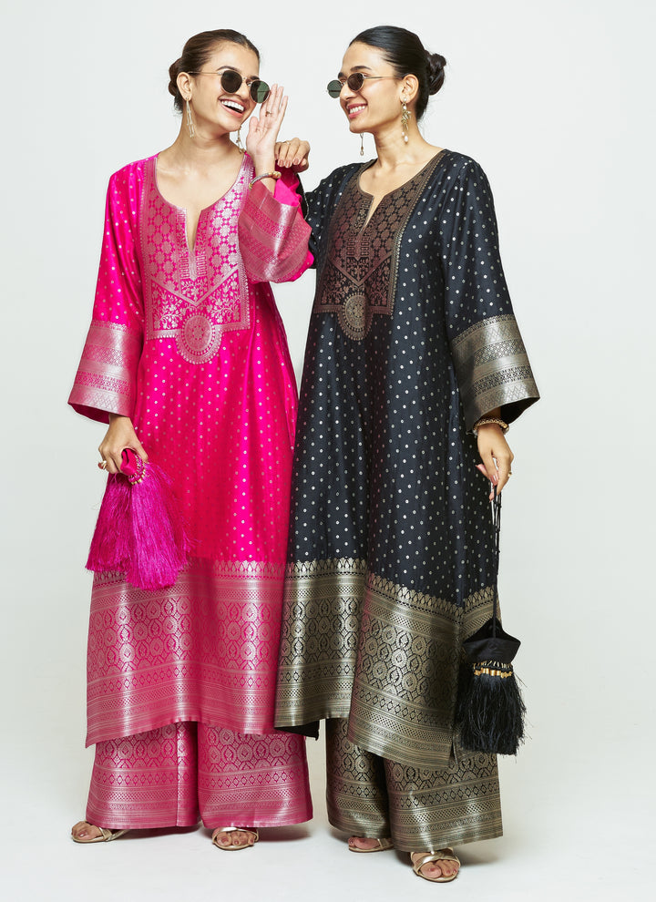 Pink Brocade Silk Kurta Pants Set