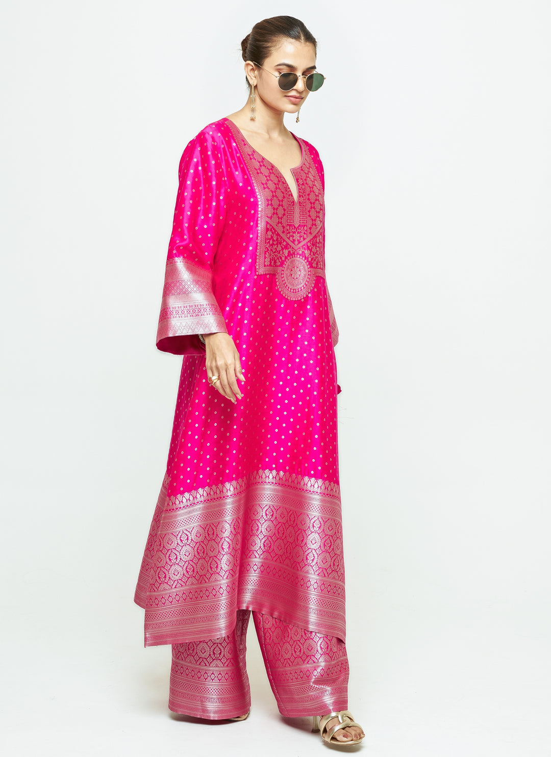 Pink Brocade Silk Kurta Pants Set