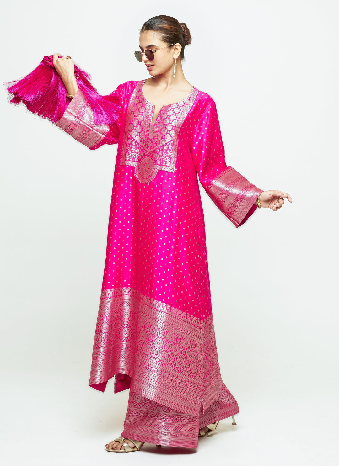 Pink Brocade Silk Kurta Pants Set