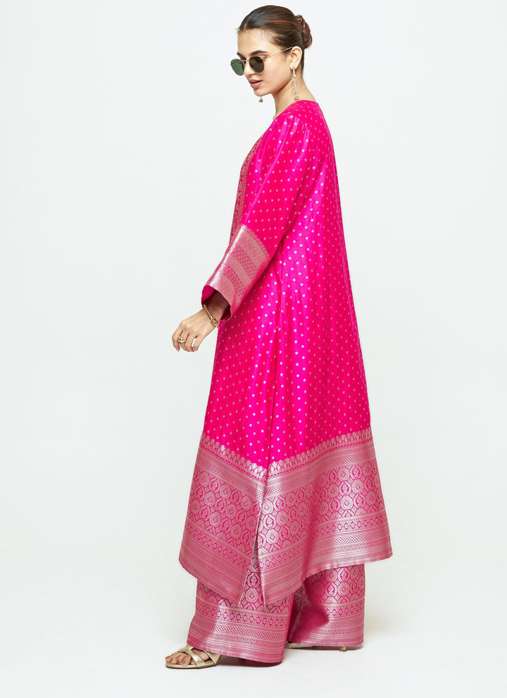 Pink Brocade Silk Kurta Pants Set