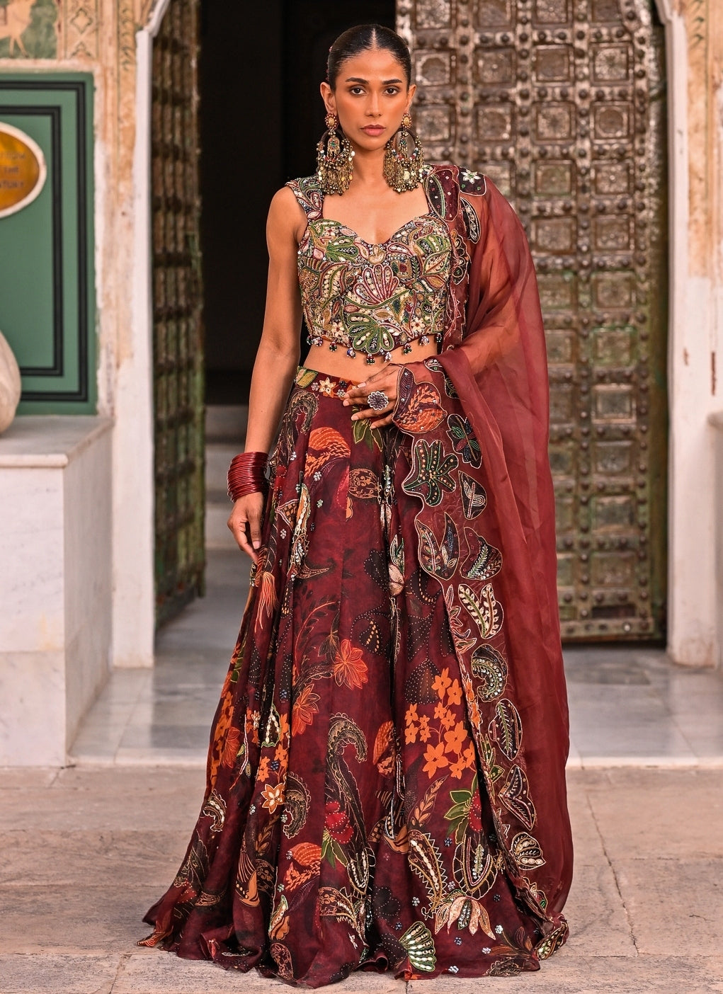 Maroon Red Embroidered Organza Corset Lehenga Set