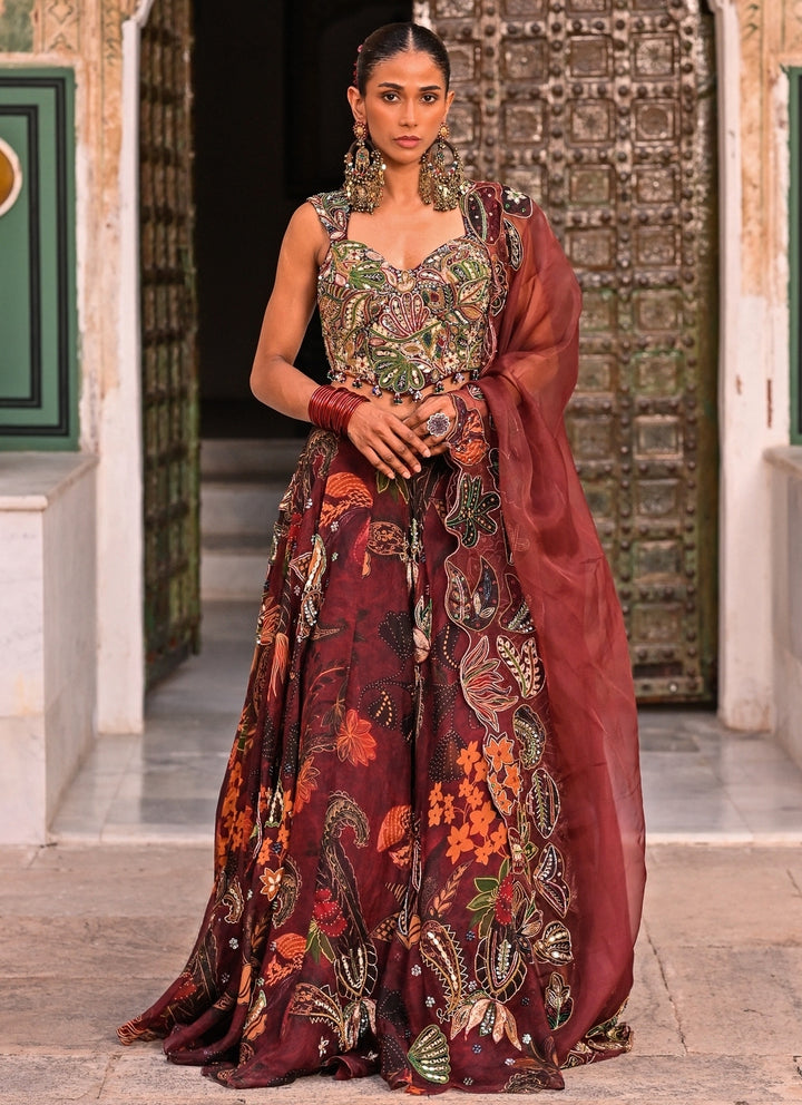 Maroon Red Embroidered Organza Corset Lehenga Set