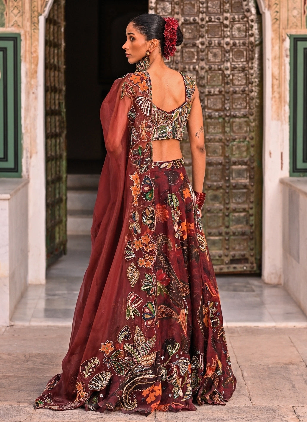 Maroon Red Embroidered Organza Corset Lehenga Set