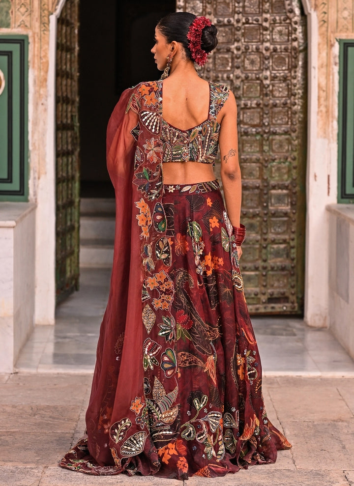 Maroon Red Embroidered Organza Corset Lehenga Set