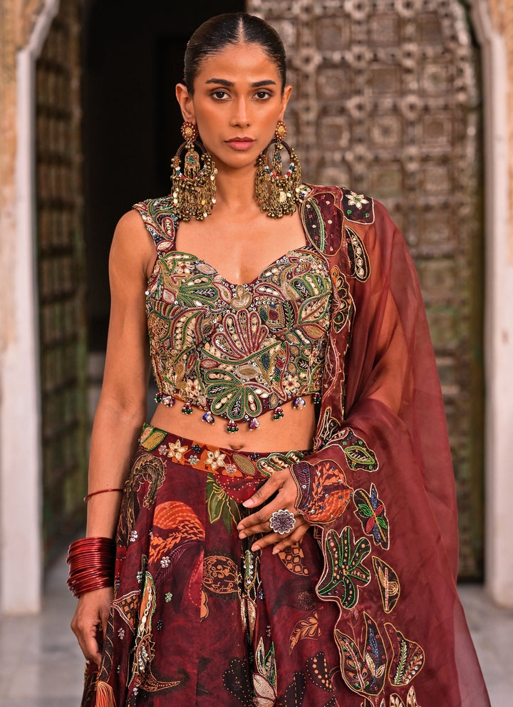 Maroon Red Embroidered Organza Corset Lehenga Set