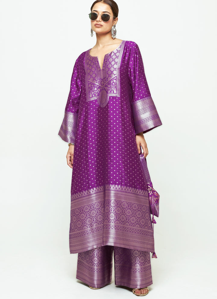 Purple Brocade Silk Kurta Pants Set