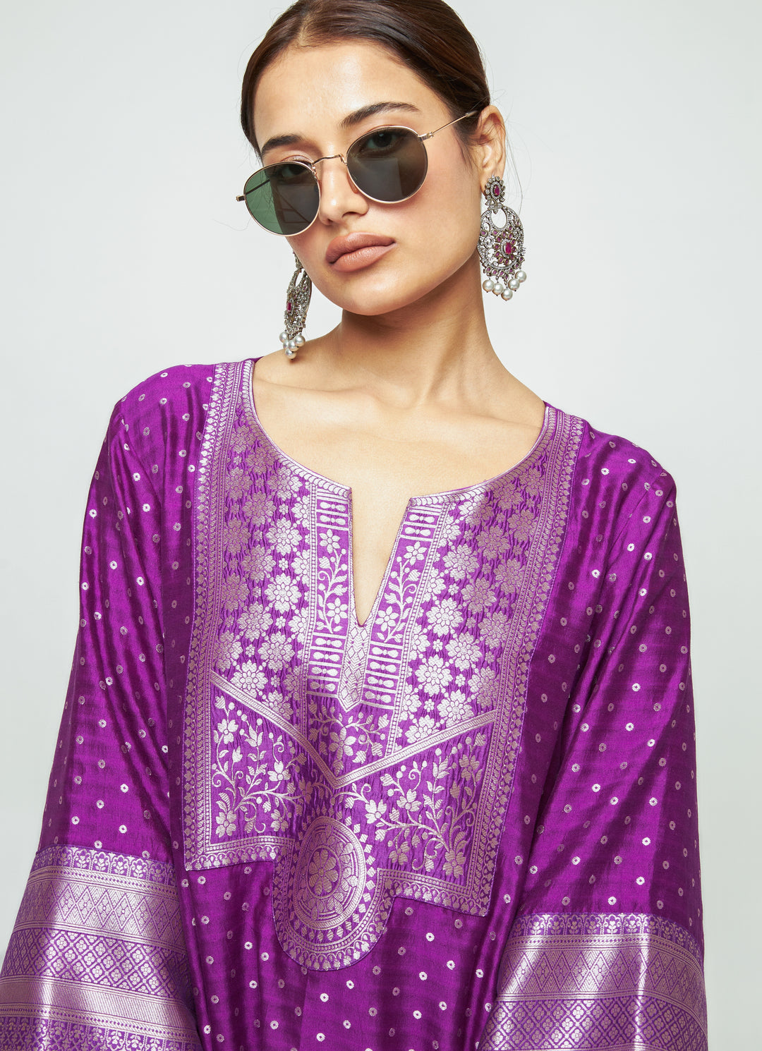 Purple Brocade Silk Kurta Pants Set