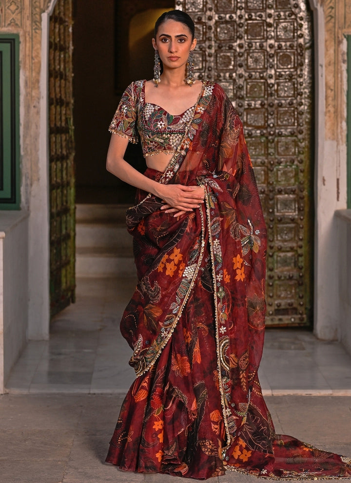Maroon Red Embroidered Organza Pre-Draped Saree