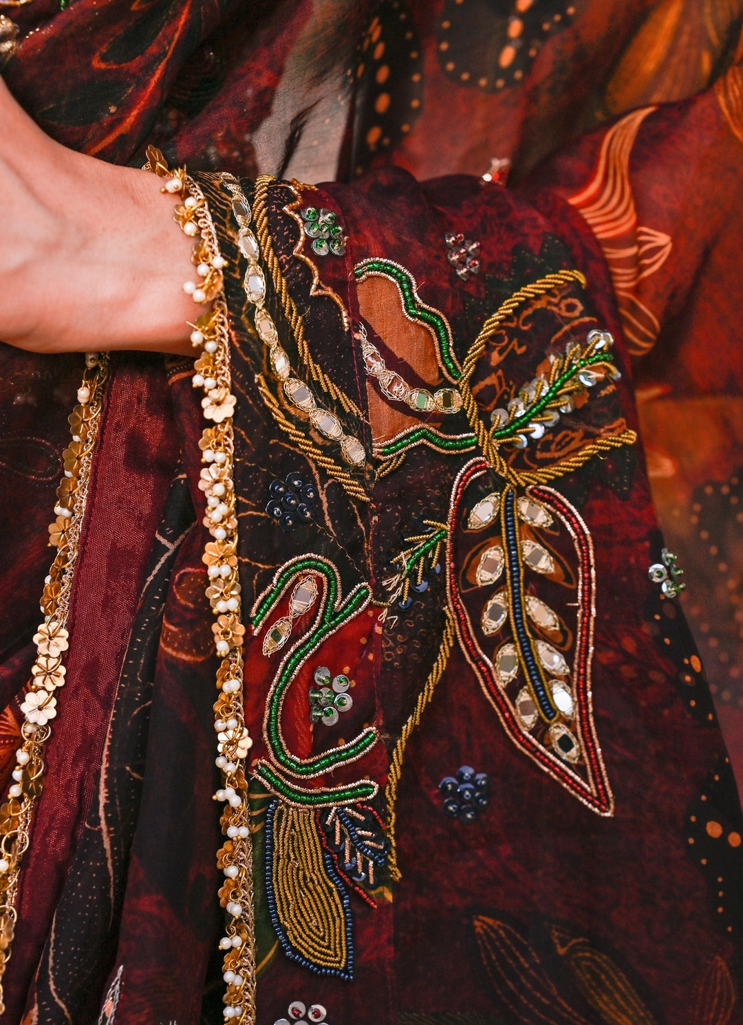 Maroon Red Embroidered Organza Pre-Draped Saree