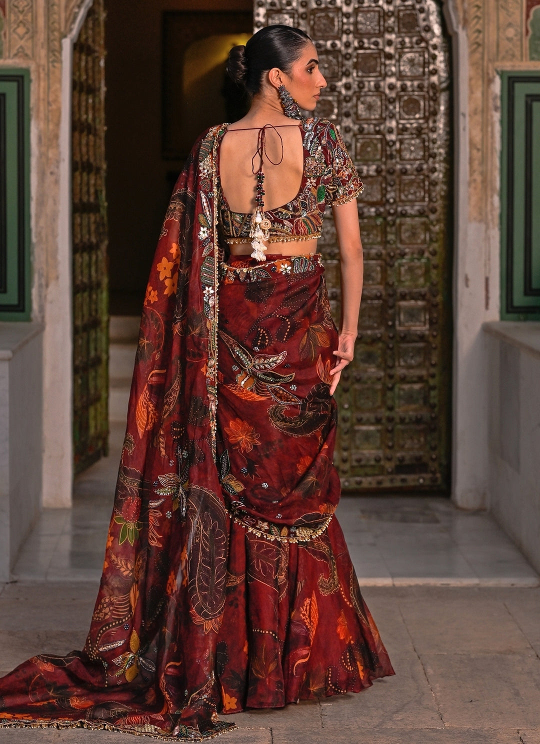 Maroon Red Embroidered Organza Pre-Draped Saree
