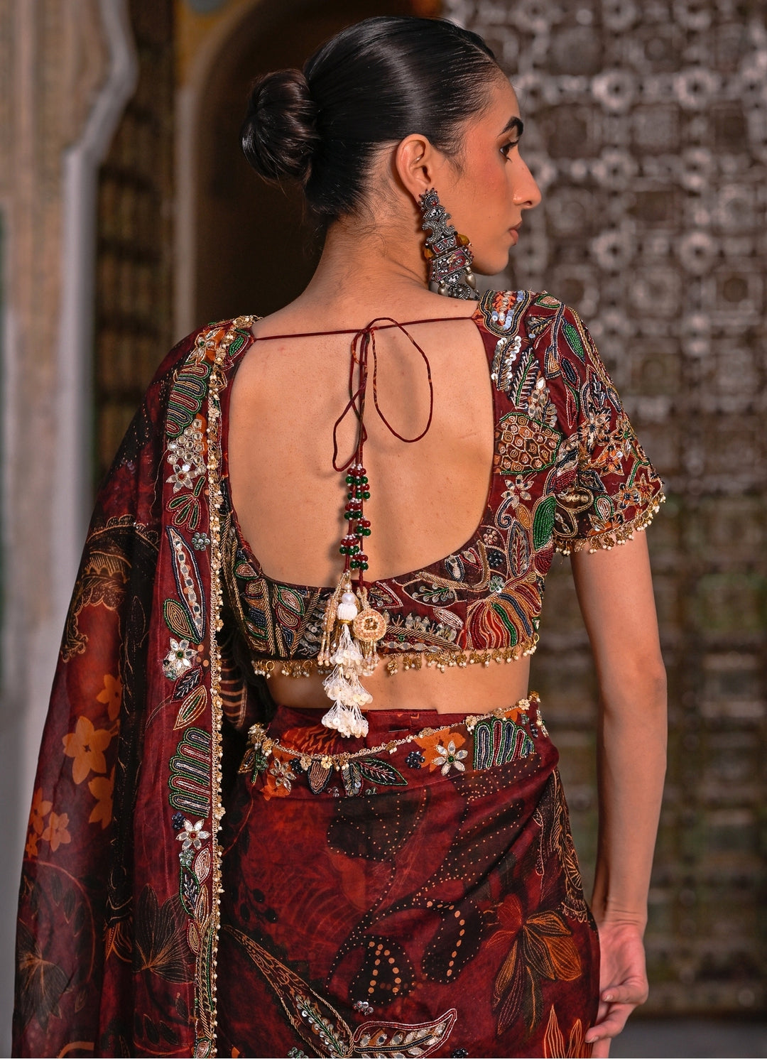Maroon Red Embroidered Organza Pre-Draped Saree