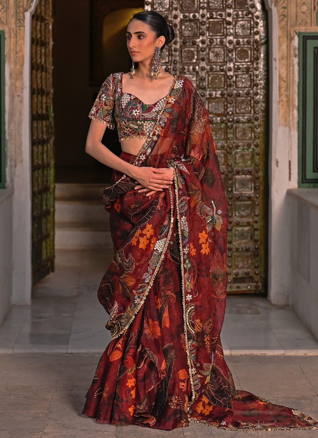 Maroon Red Embroidered Organza Pre-Draped Saree