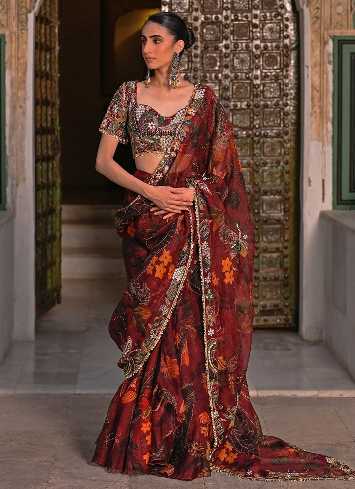 Maroon Red Embroidered Organza Pre-Draped Saree