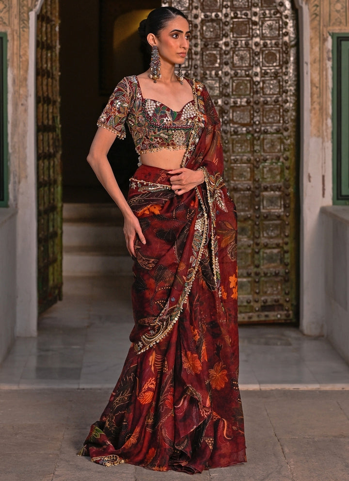 Maroon Red Embroidered Organza Pre-Draped Saree