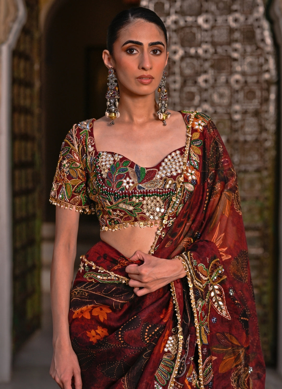 Maroon Red Embroidered Organza Pre-Draped Saree