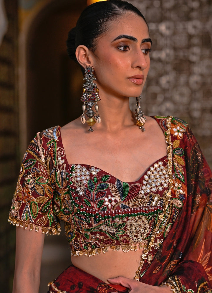 Maroon Red Embroidered Organza Pre-Draped Saree