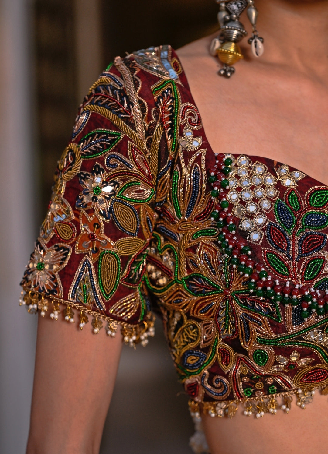 Maroon Red Embroidered Organza Pre-Draped Saree