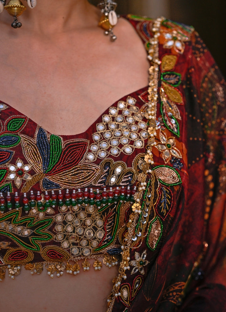 Maroon Red Embroidered Organza Pre-Draped Saree