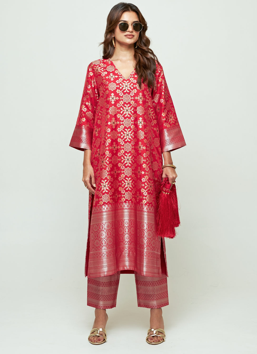Red Brocade Silk Long Kurta Pants Set