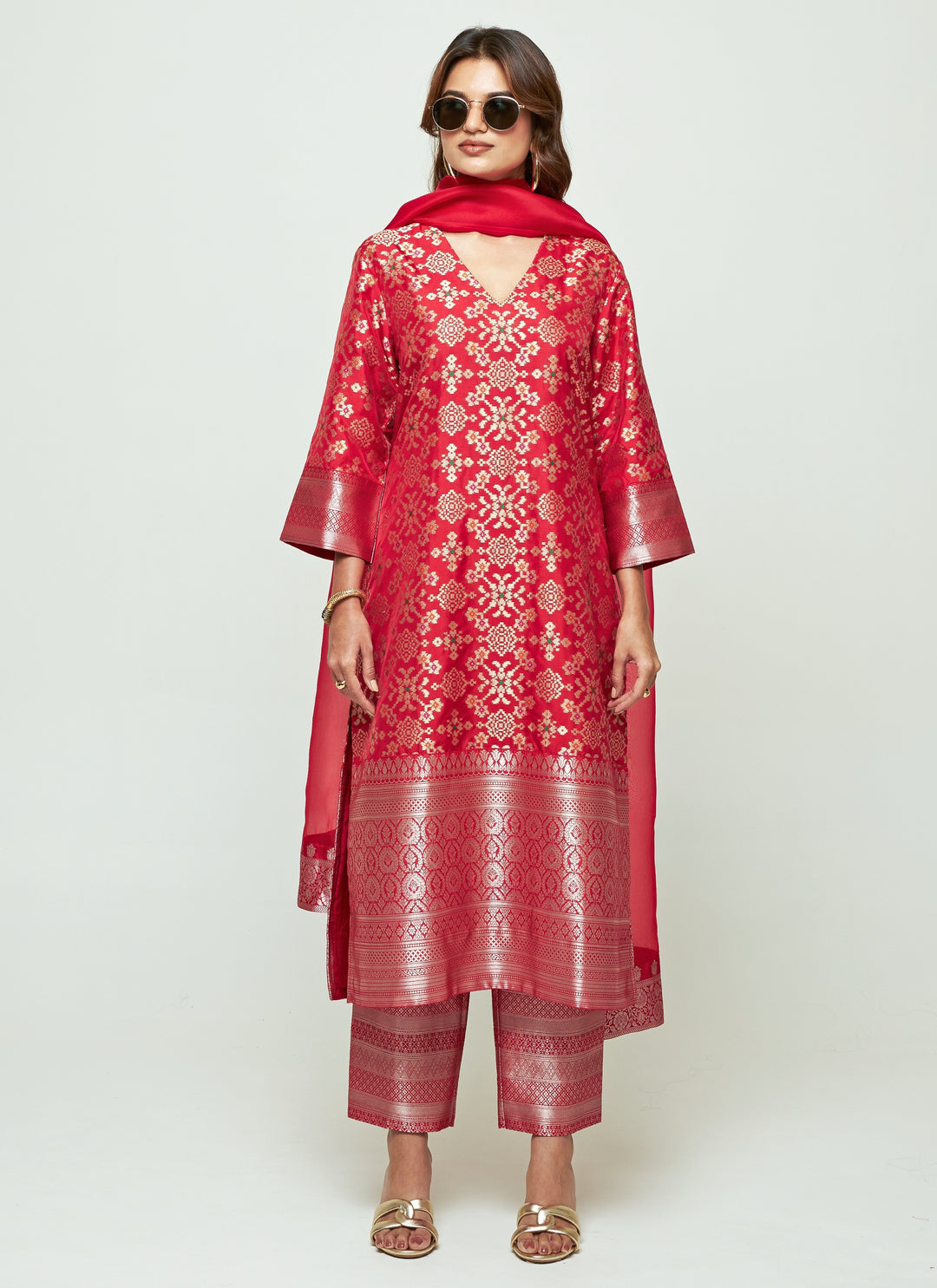 Red Brocade Silk Long Kurta Pants Set