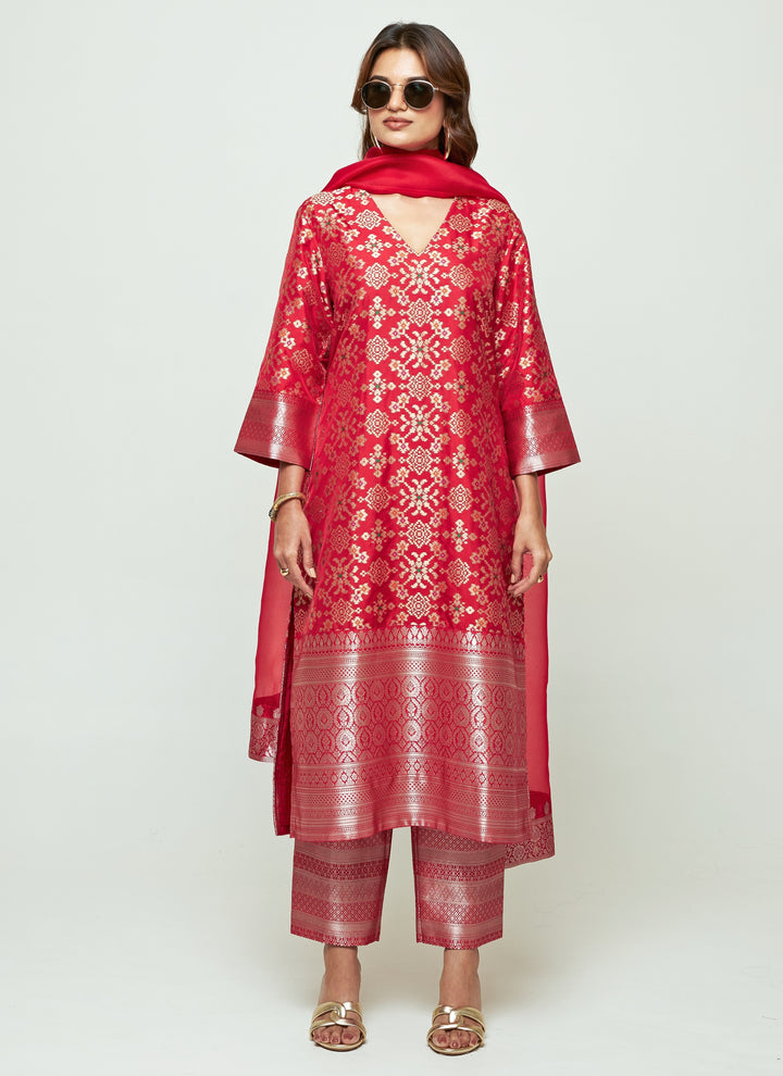 Red Brocade Silk Long Kurta Pants Set