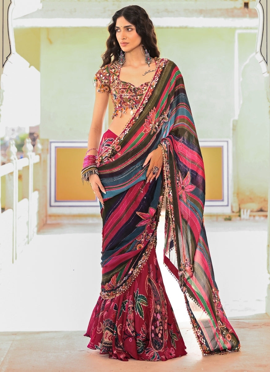 Multicolor Chinon Printed Pre-Draped Saree