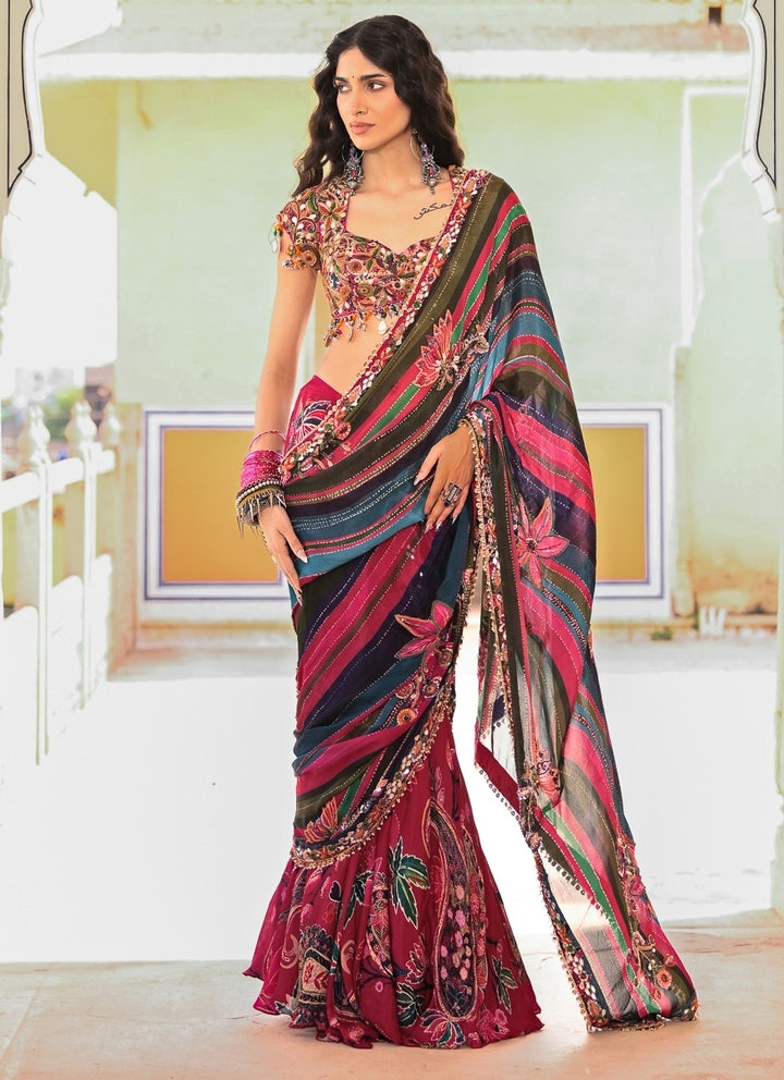 Multicolor Chinon Printed Pre-Draped Saree
