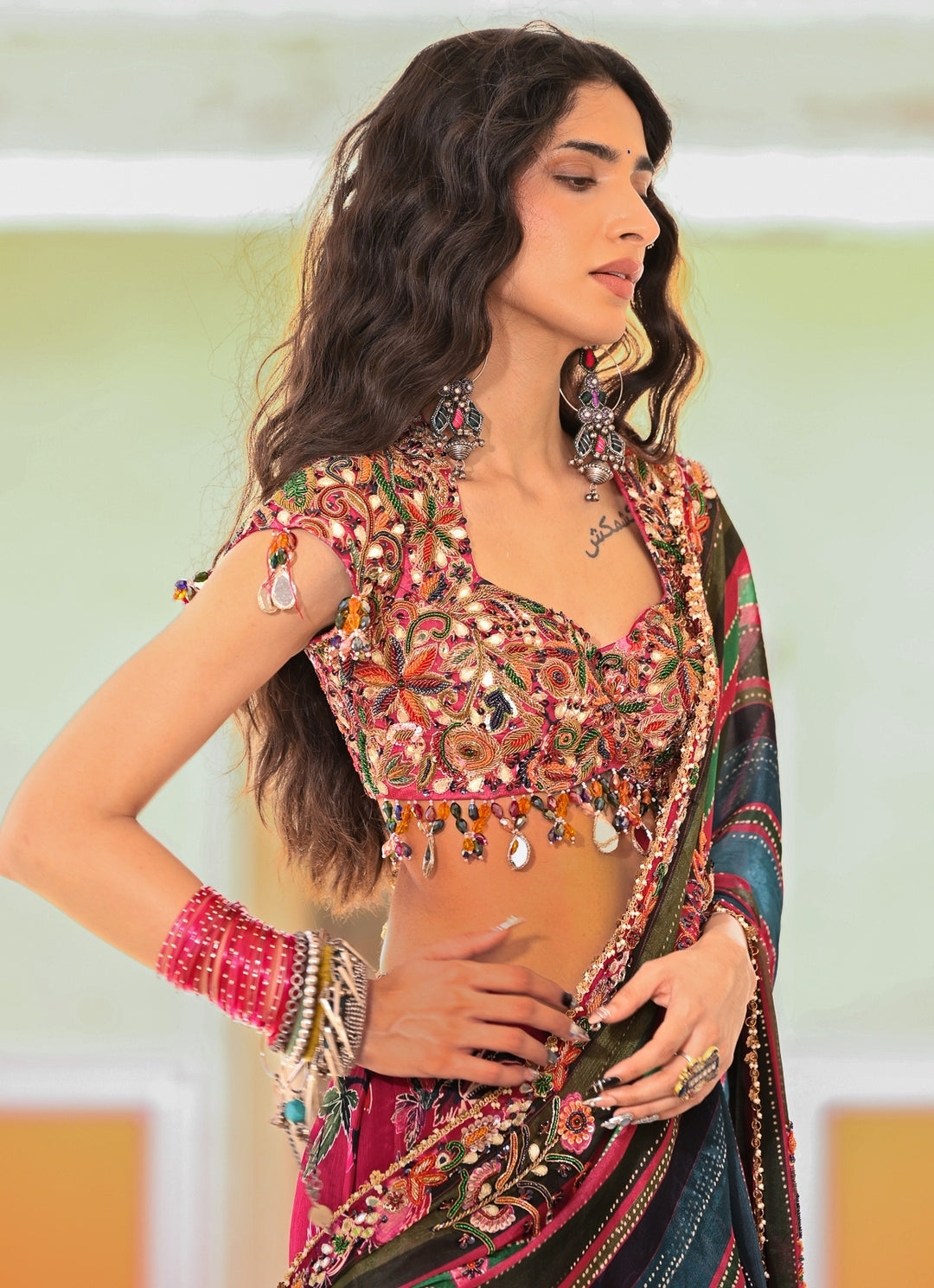 Multicolor Chinon Printed Pre-Draped Saree