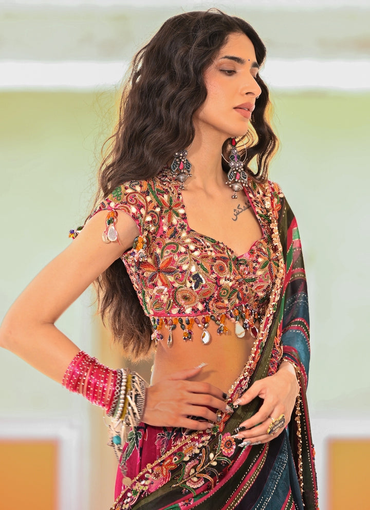 Multicolor Chinon Printed Pre-Draped Saree