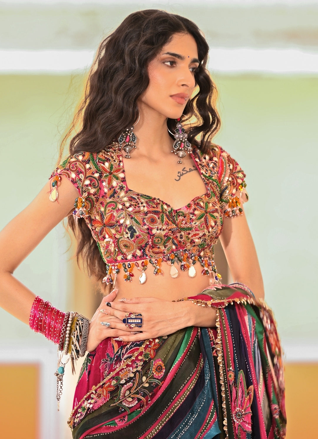 Multicolor Chinon Printed Pre-Draped Saree