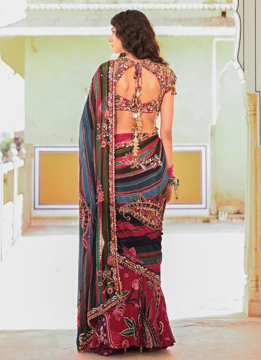 Multicolor Chinon Printed Pre-Draped Saree