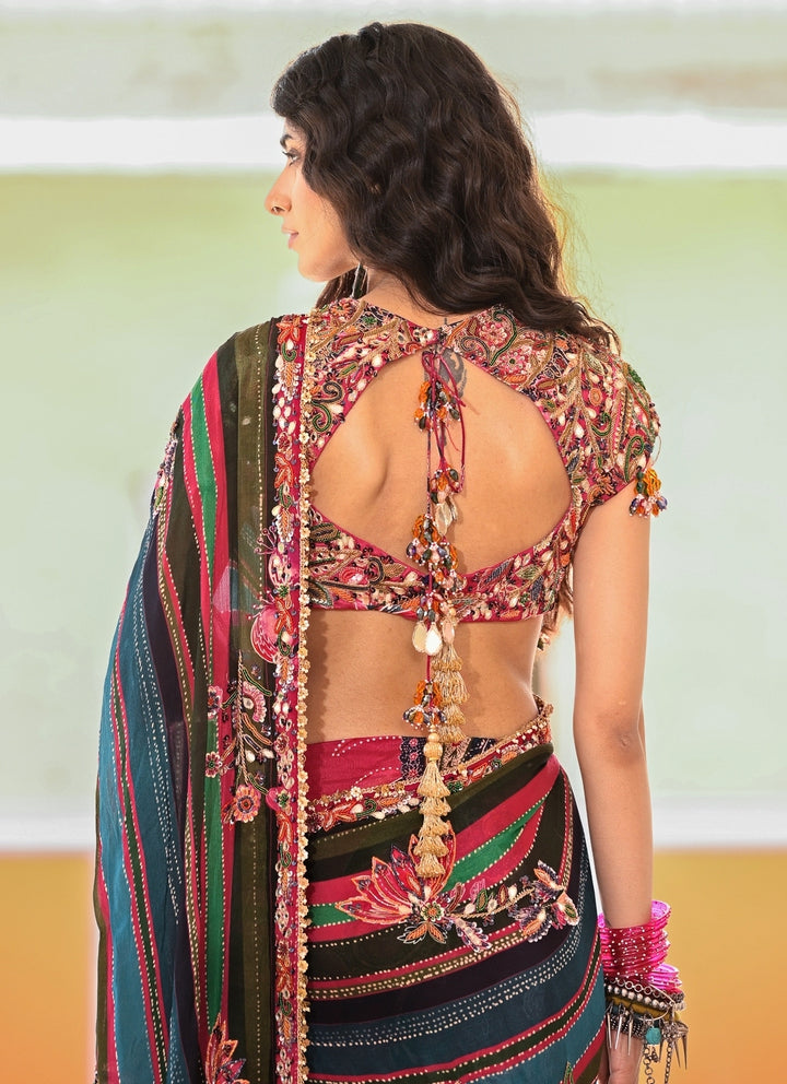 Multicolor Chinon Printed Pre-Draped Saree