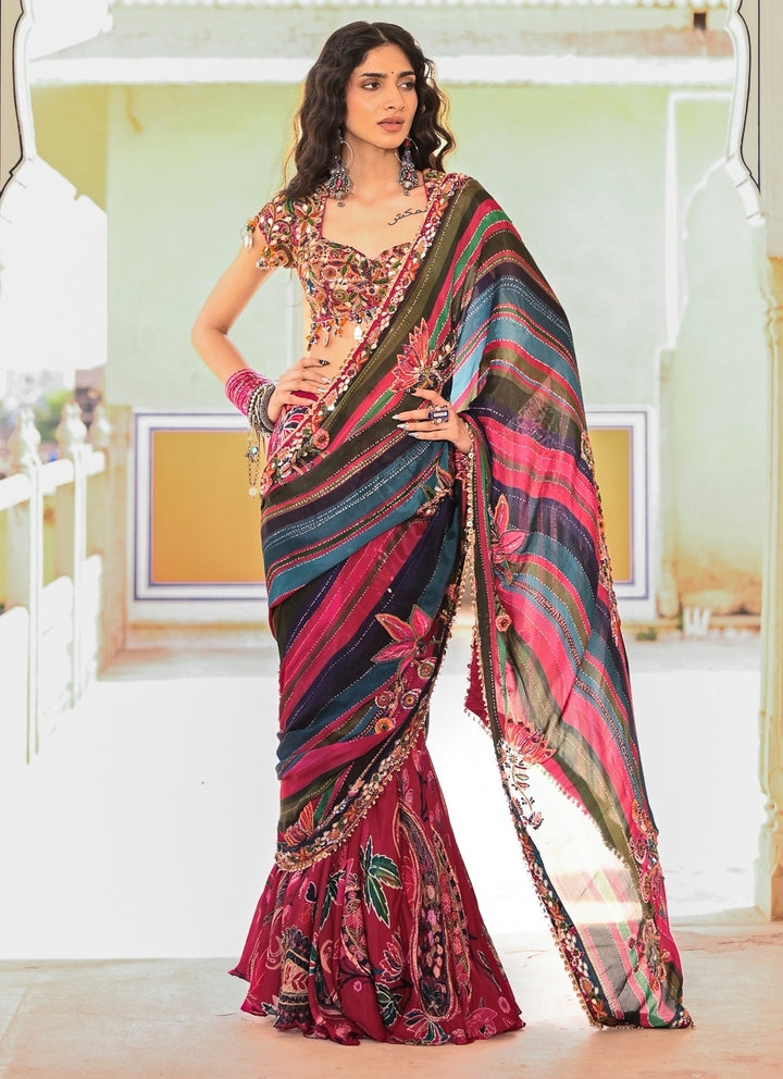 Multicolor Chinon Printed Pre-Draped Saree