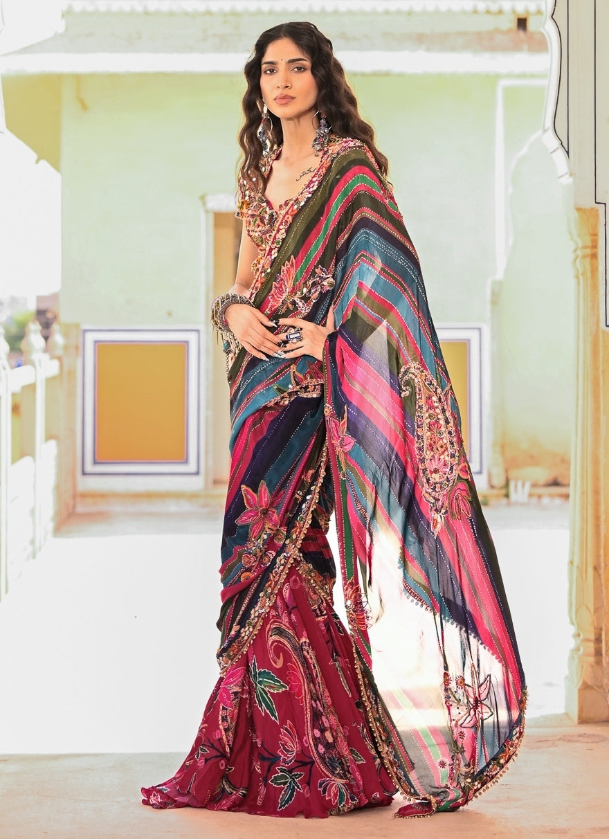 Multicolor Chinon Printed Pre-Draped Saree
