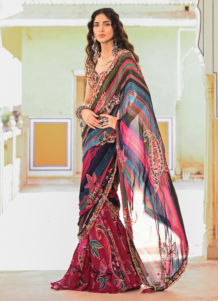 Multicolor Chinon Printed Pre-Draped Saree