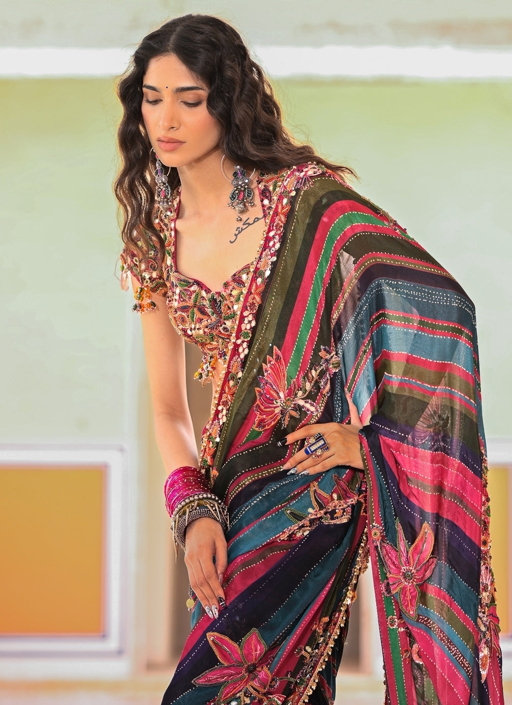 Multicolor Chinon Printed Pre-Draped Saree