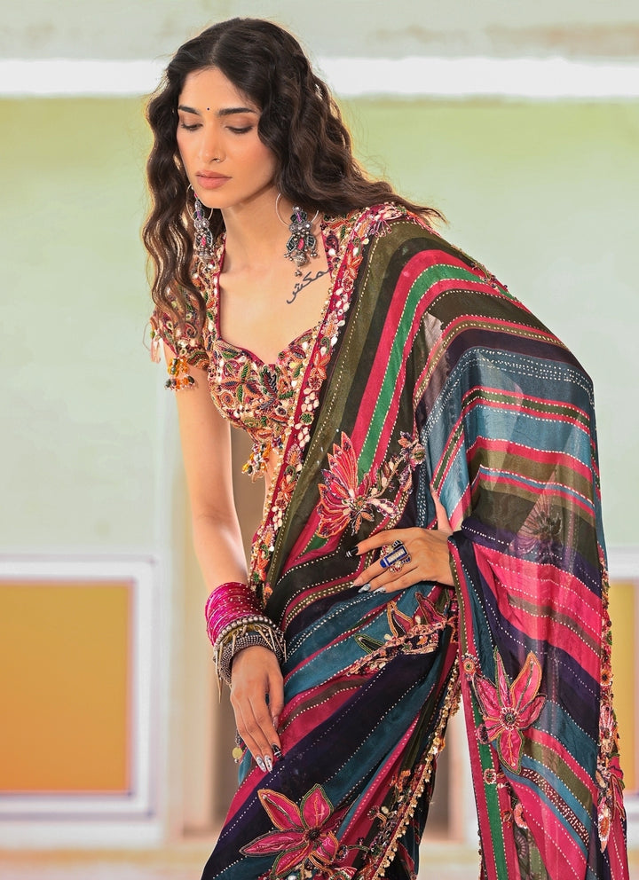 Multicolor Chinon Printed Pre-Draped Saree